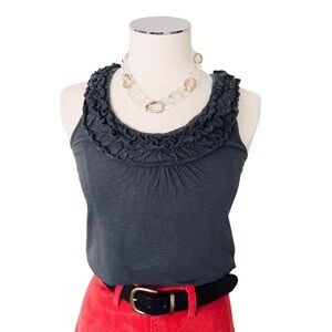 COLOR STORY Cotton Solid Tank Top Ruched Neckline Detail Dark Gray Sz S